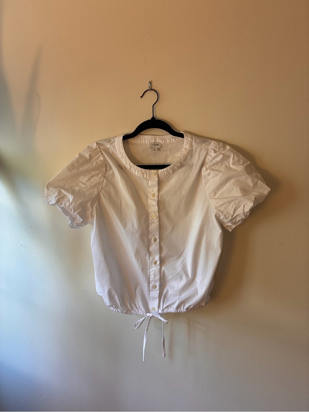 JCrew white button down with short puff sleeves